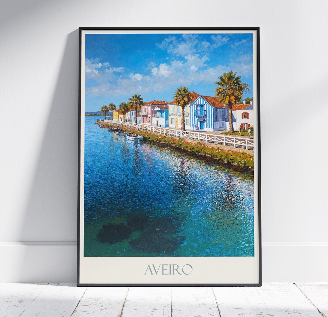 Aveiro Portugal Striped Houses Lagoon Promenade Painted Travel Poster