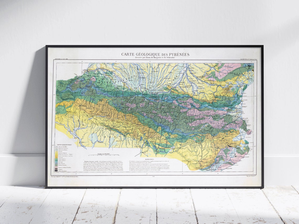 Pyrenees Vintage French Antique Geological Map Landscape Art Poster
