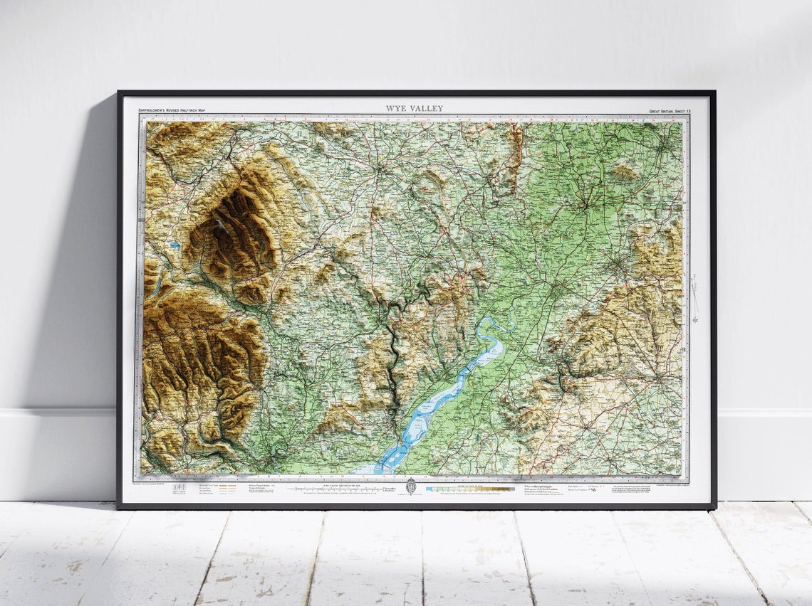 Wye Valley Gloucestershire Vintage Shaded Relief Map Wall Art