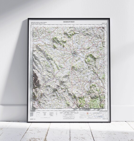 Hereford England Ordnance Survey Map Poster Sheet 142 with Shaded Relief