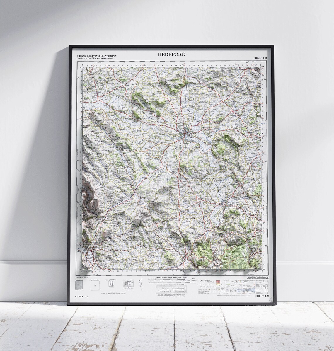 Hereford England Ordnance Survey Map Poster Sheet 142 with Shaded Relief