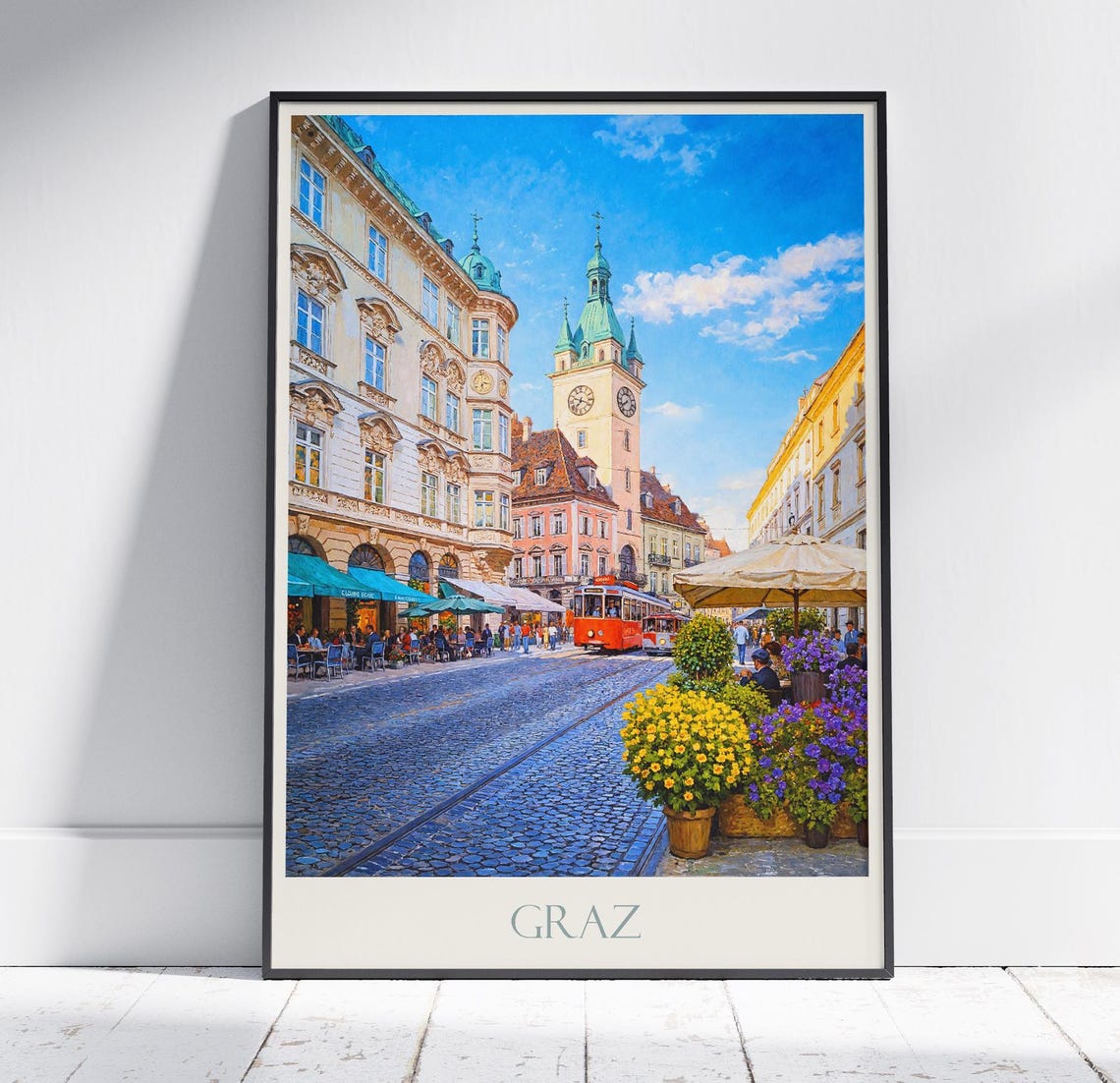 Graz Austria City Square Clock Tower Tram Painted Travel Poster