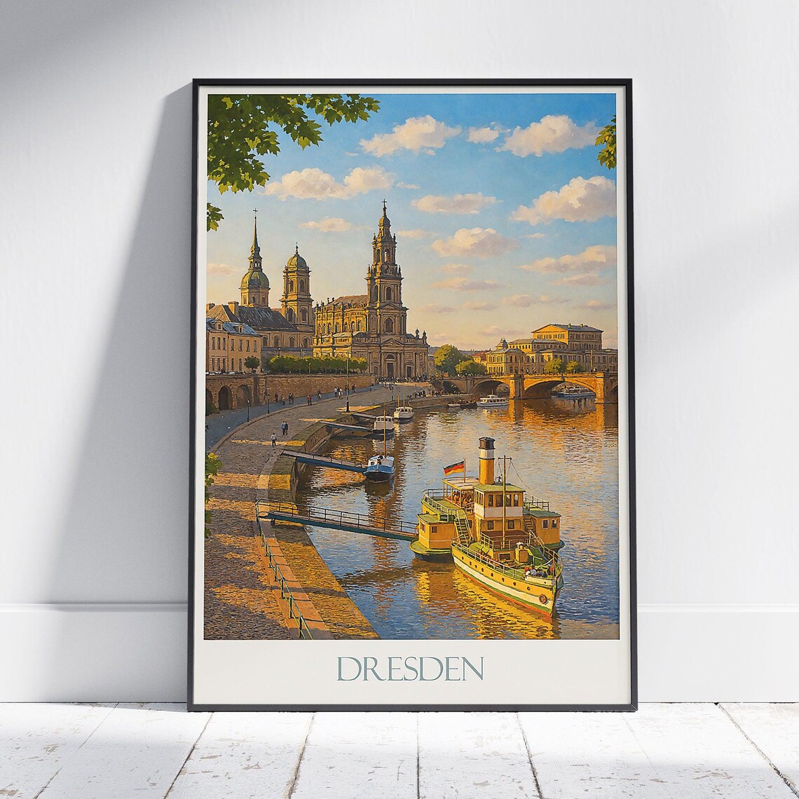 Dresden Elbe River Old Town Golden Evening Skyline Travel Poster
