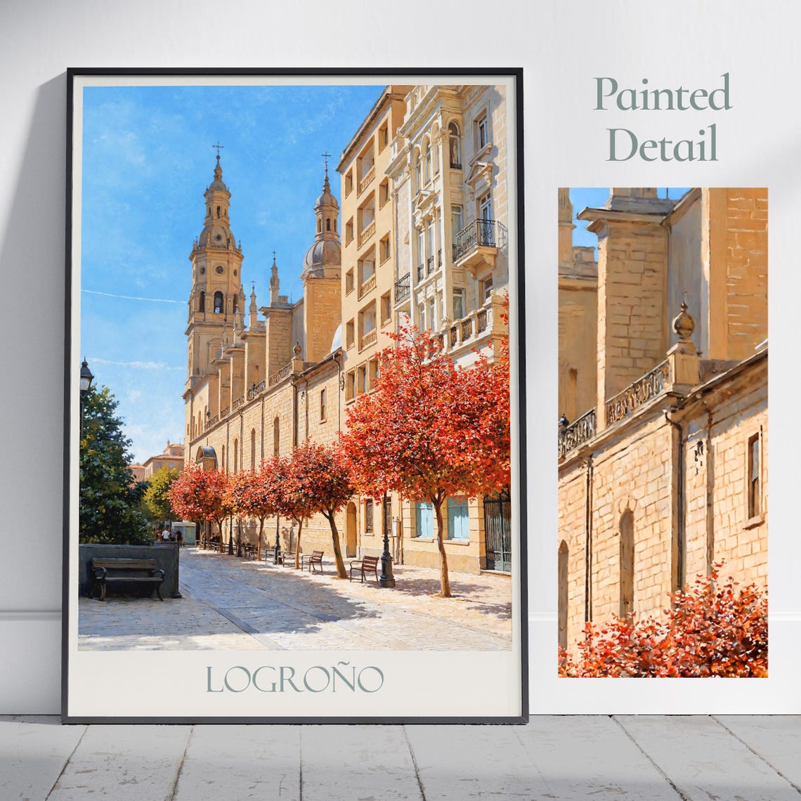 Logrono Spain Cathedral Plaza Painted Travel Poster Autumn Trees
