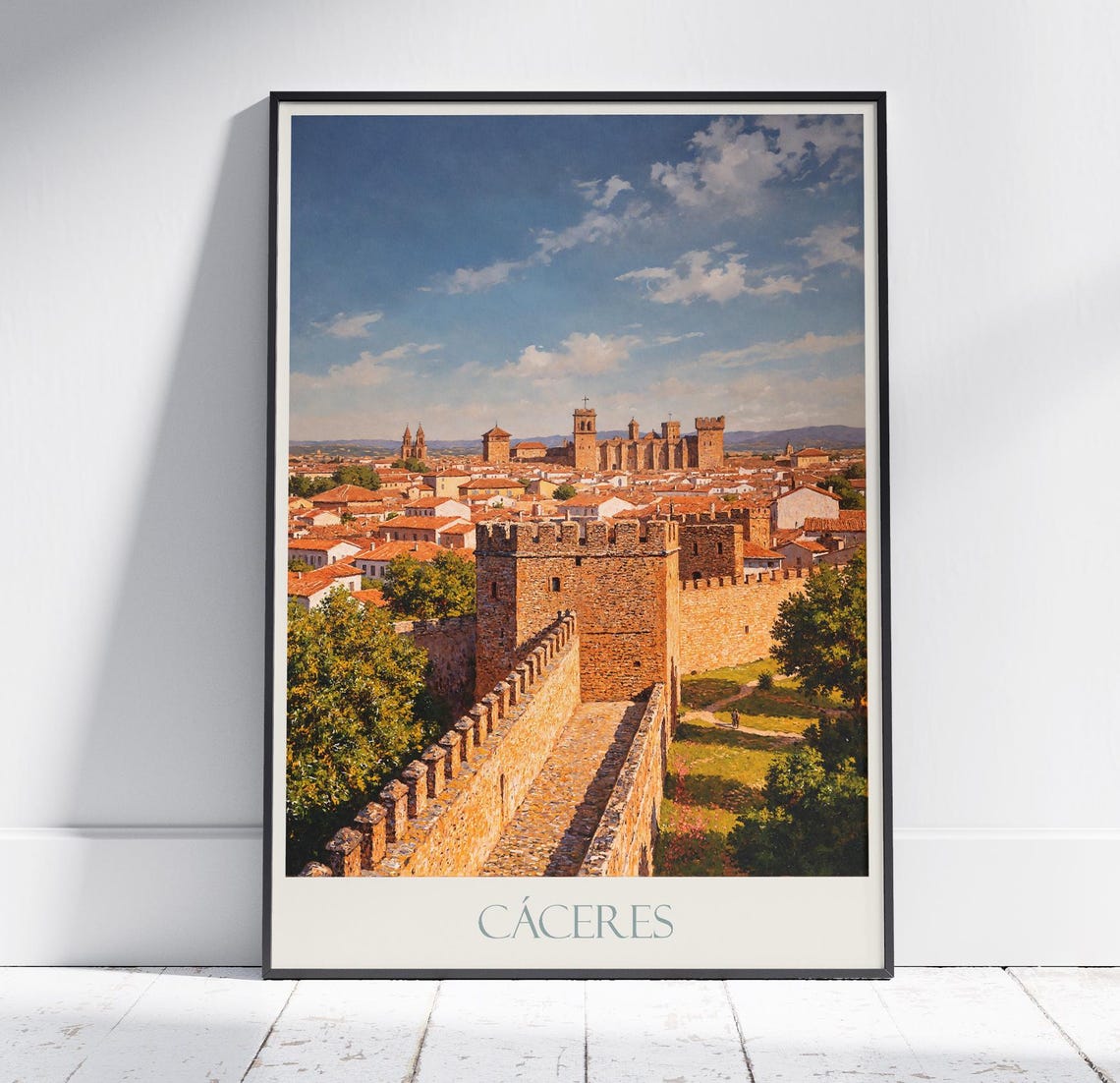 Caceres Spain Medieval Walled Old Town Painted Travel Art Poster