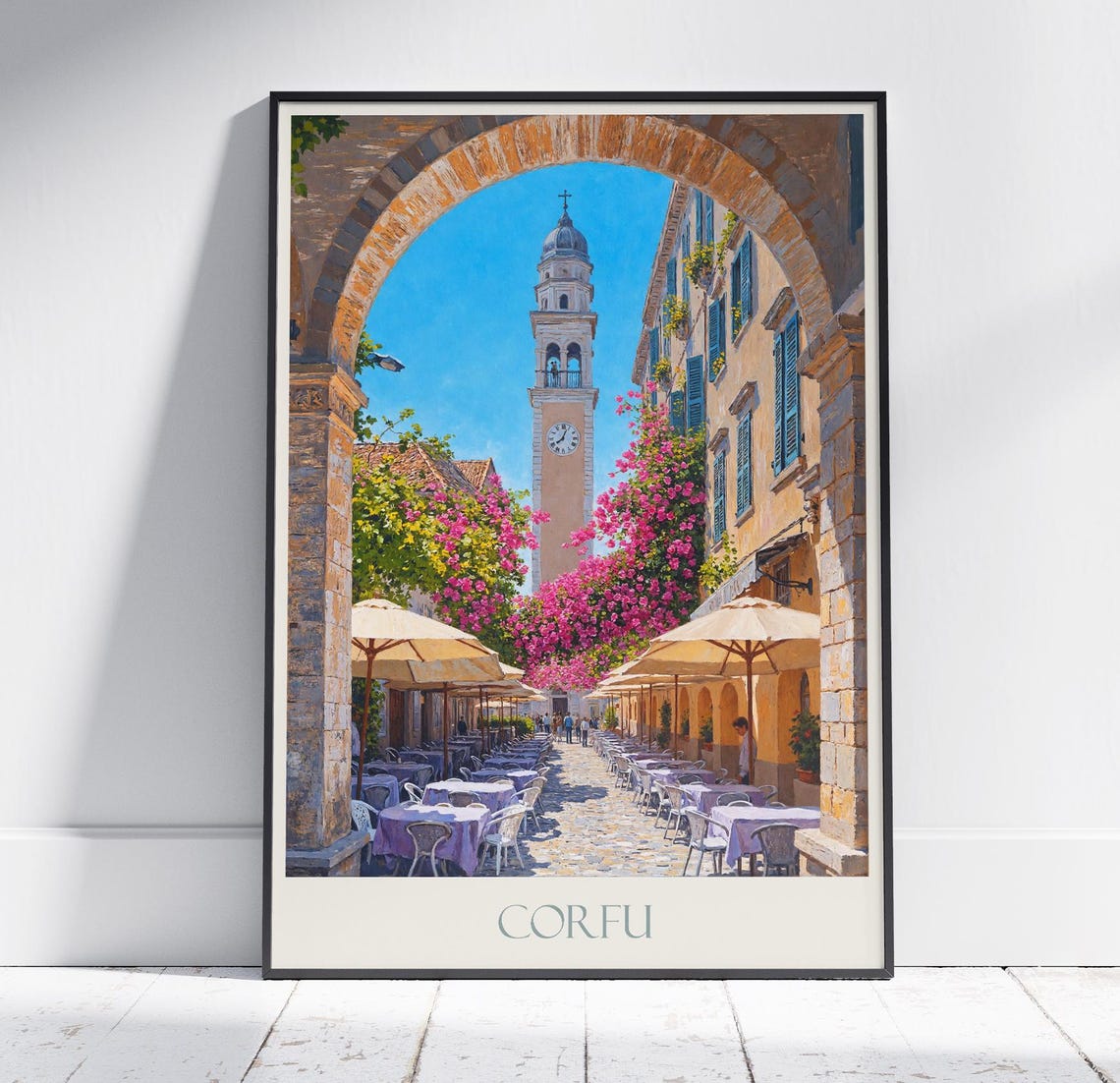 Corfu Greece Old Town Clock Tower Cafes and Shutters Travel Poster