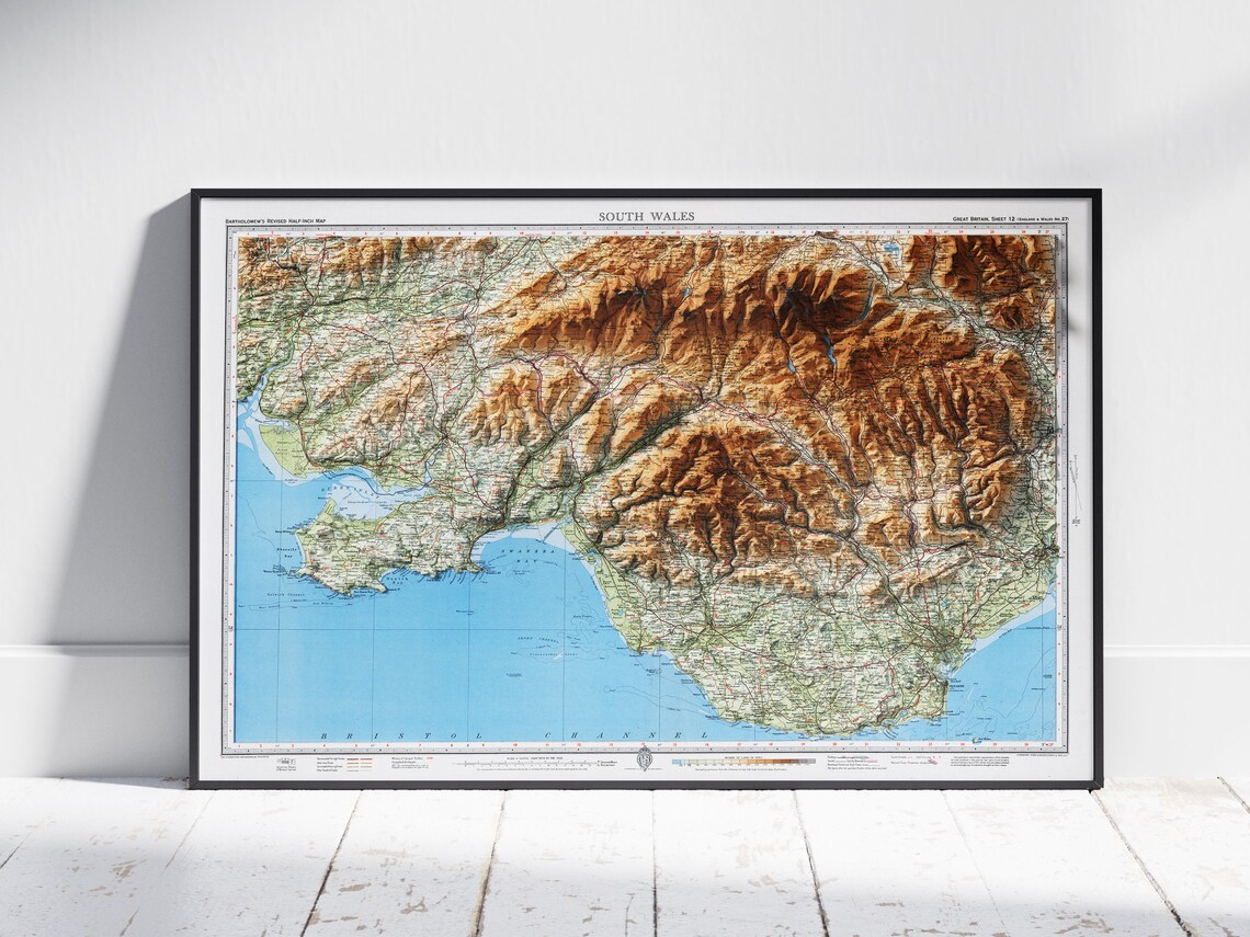 South Wales Vintage Map Flat 2d Shaded Uk Print Poster Wall Art Decor