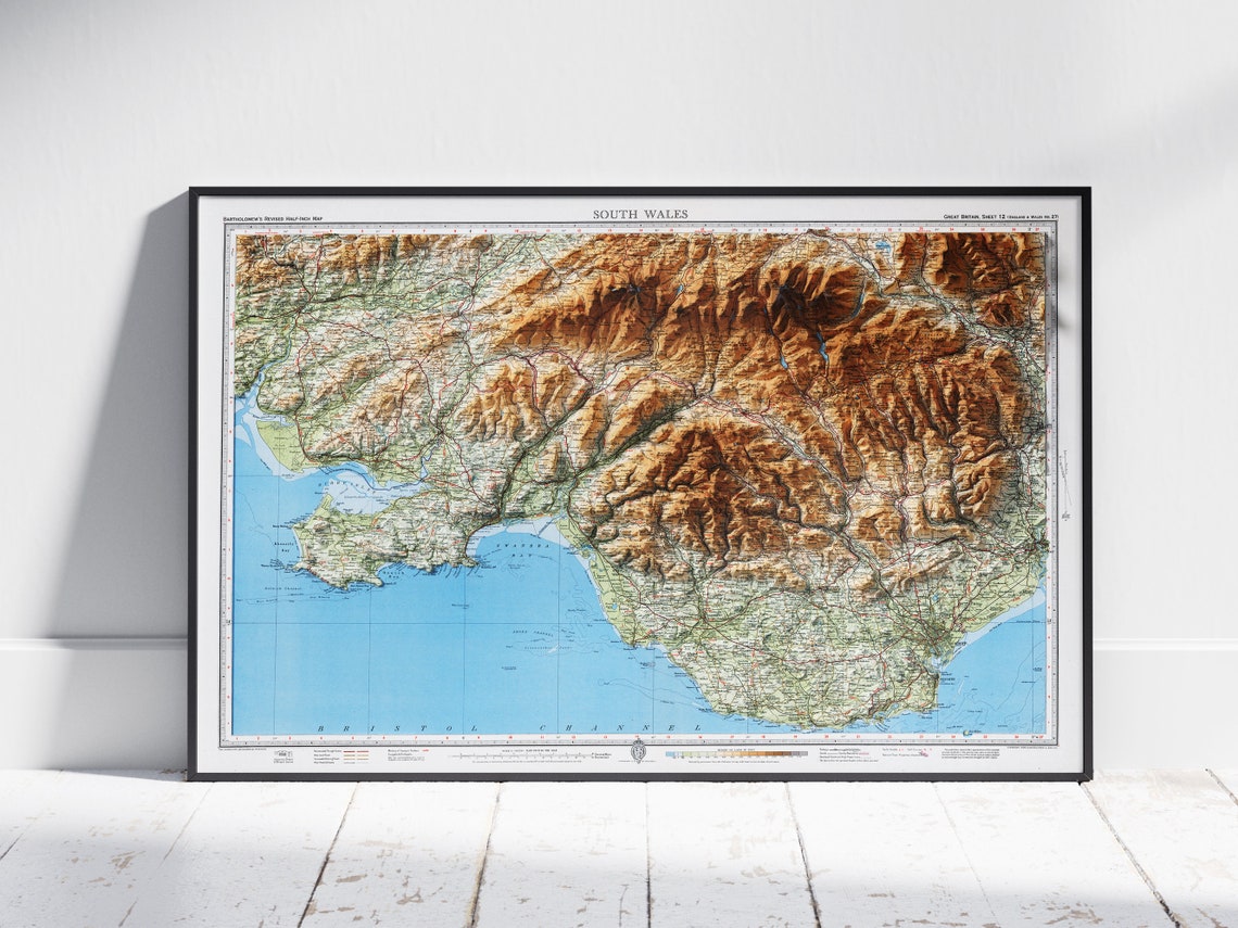 South Wales Vintage Topographic Map Shaded Relief UK Wall Poster