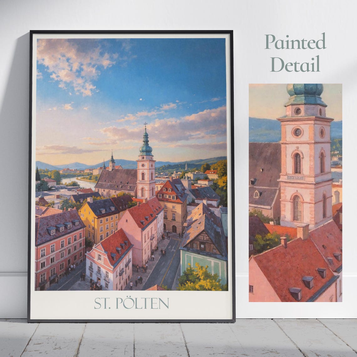 St. Polten Austria Painted Travel Poster Old Town Church Spire