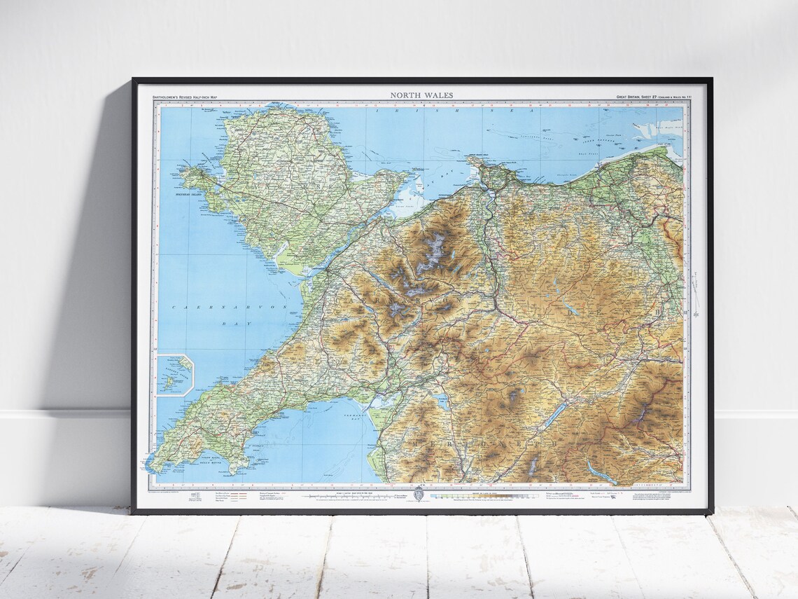 North Wales Anglesey Snowdonia Vintage Map Print Poster Wall Art Decor Topography