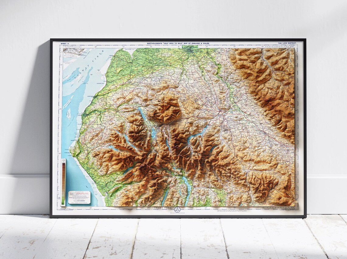 Lake District England Shaded Relief Topographic Vintage Map Poster