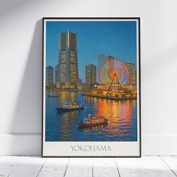 Yokohama Night Harbor Landmark Tower Ferris Wheel Lights Poster