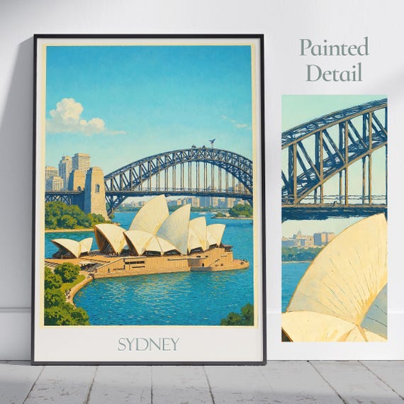 Sydney Travel Poster Australia Painted Wall Art Print Iconic Opera House Harbour Bridge Decor Framed Personalized Gift