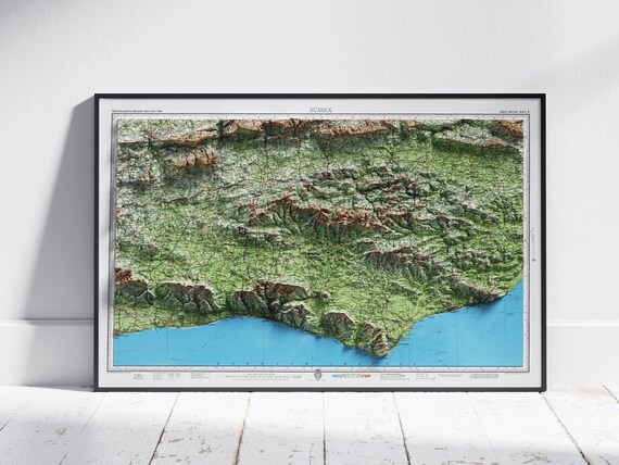 Sussex Flat 2d Shaded Map Vintage Atlas Style Print Poster Wall Art Decor