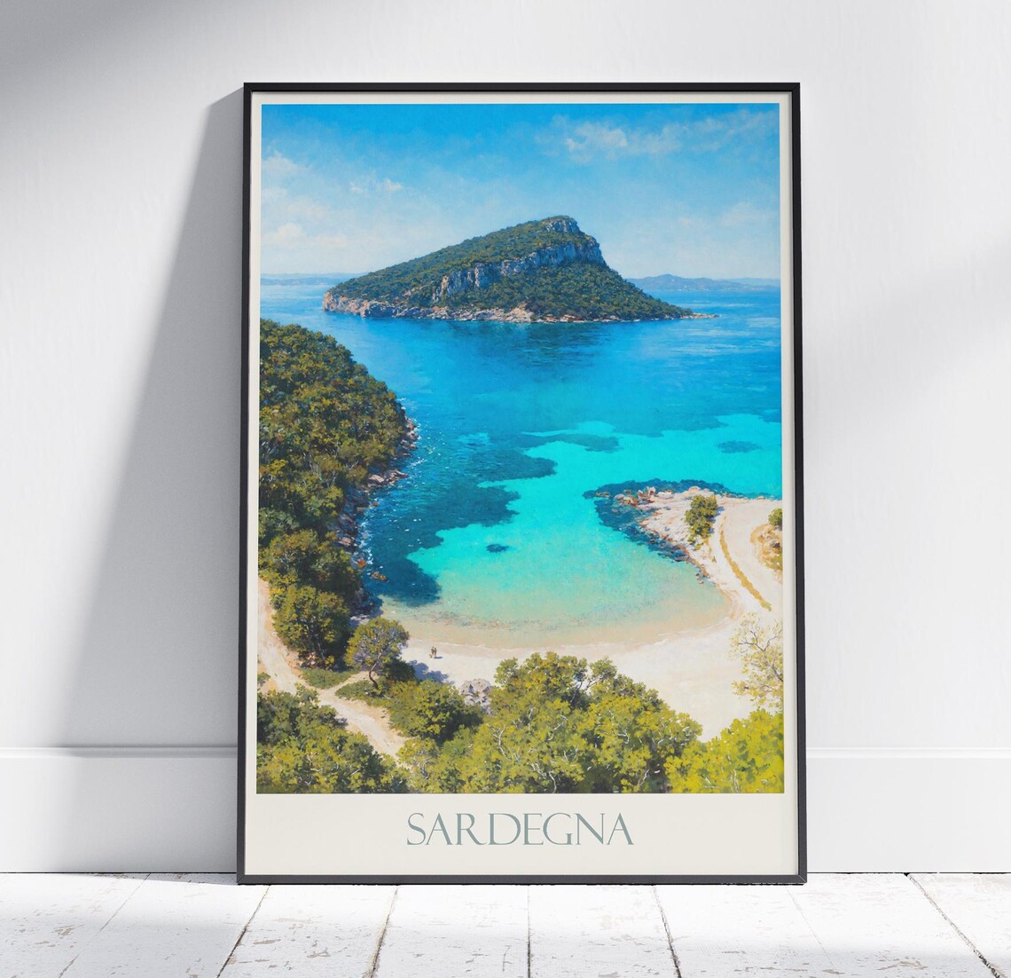 Sardegna Italy Hidden Beach Cove Aerial Panorama View Travel Poster