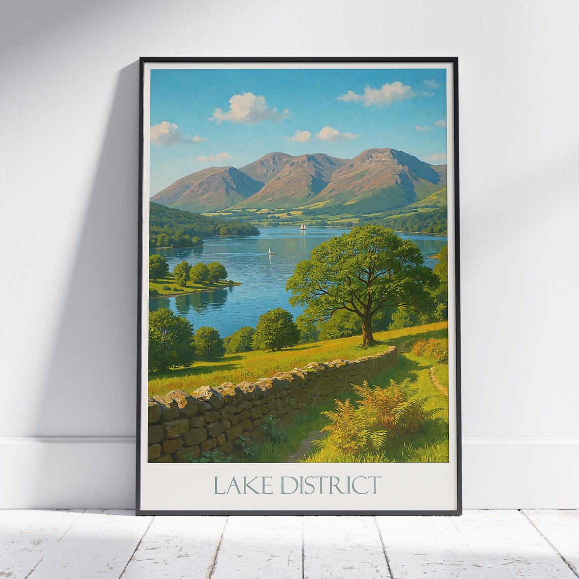 Lake District Valley Lake View with Stone Wall and Sailboats Poster