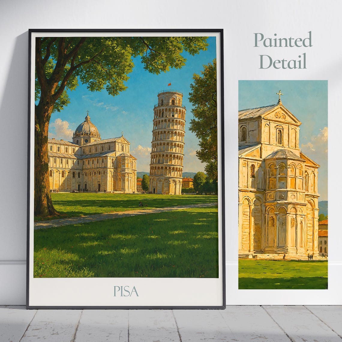 Pisa Italy Leaning Tower with Cathedral Painted Travel Poster