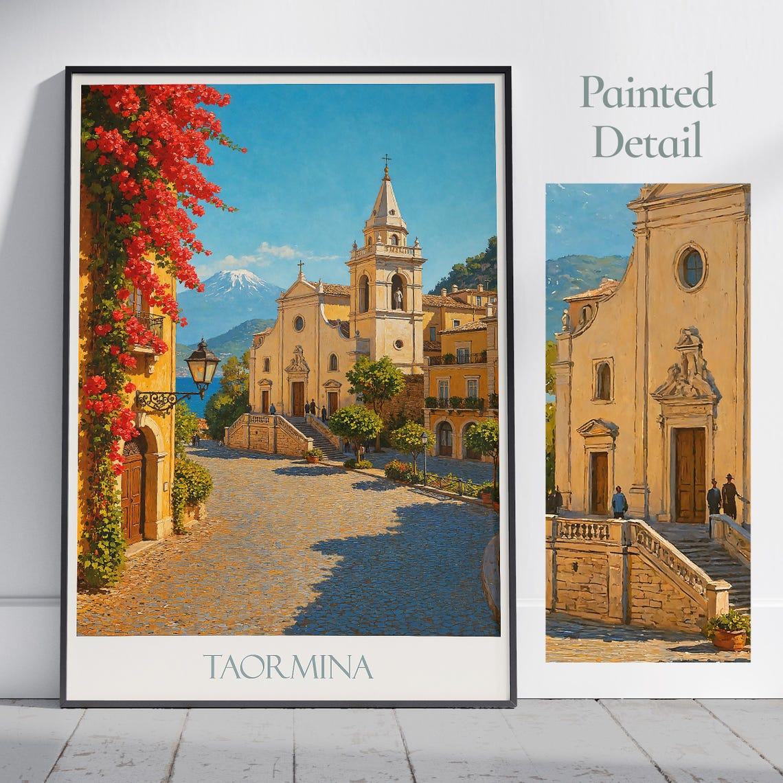 Taormina Sicily Church Square with Mount Etna View Poster Italy