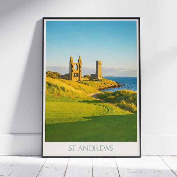 St Andrews Cathedral Poster Scotland Travel Print Sunlit Ruins Wall Art Historic Golf Decor