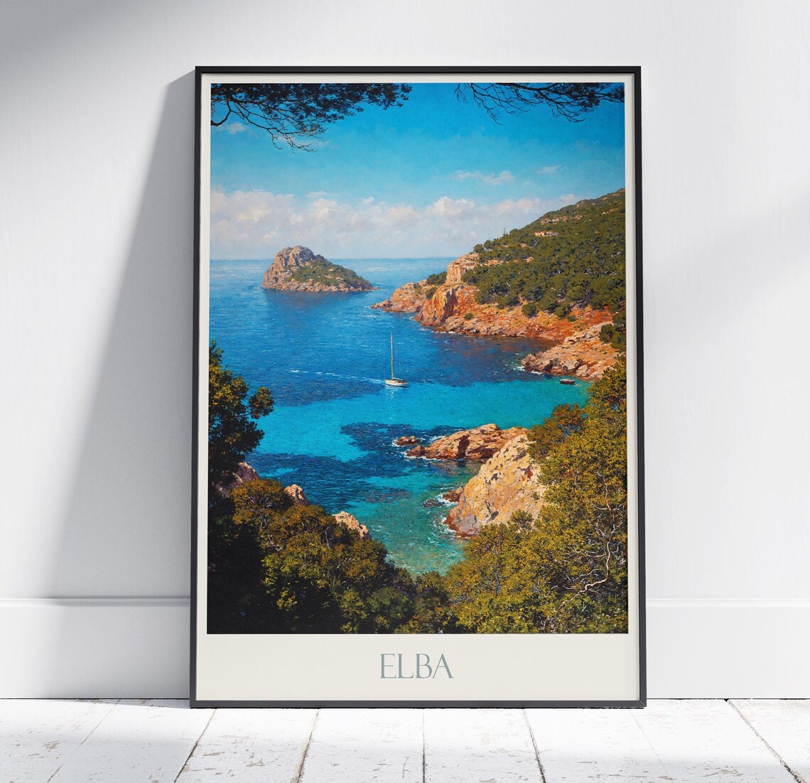 Elba Island Tuscany Italy Coastal Cove Sailboat Travel Poster