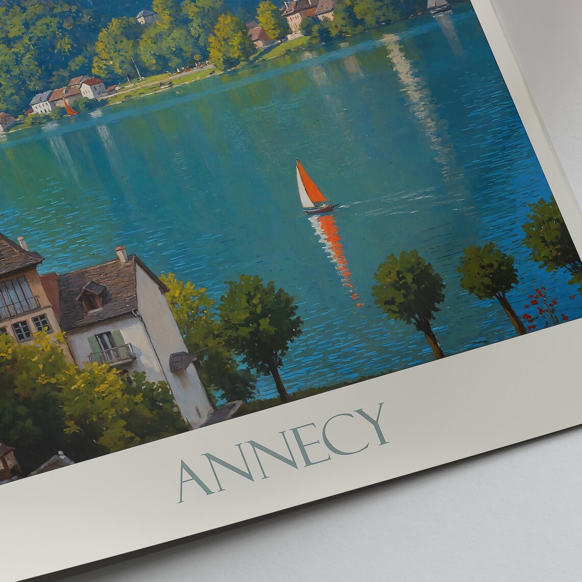 Annecy France Turquoise Alpine Lake Sailboat Painted Travel Poster - Image 2