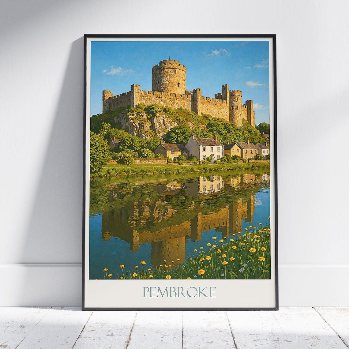 Pembroke Castle Wales Riverside Reflection Wildflowers Poster