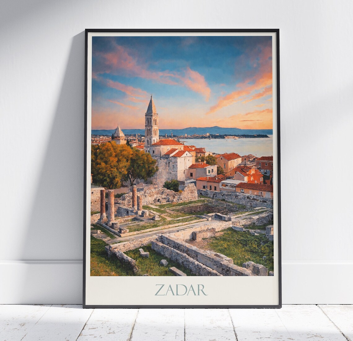 Zadar Croatia Sunset Painted Old Town Coastline Vintage Travel Poster