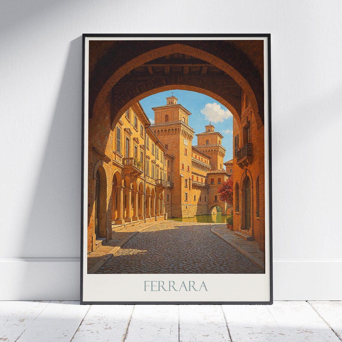 Ferrara Italy Medieval Castle Archway Cobblestone Street Art Poster