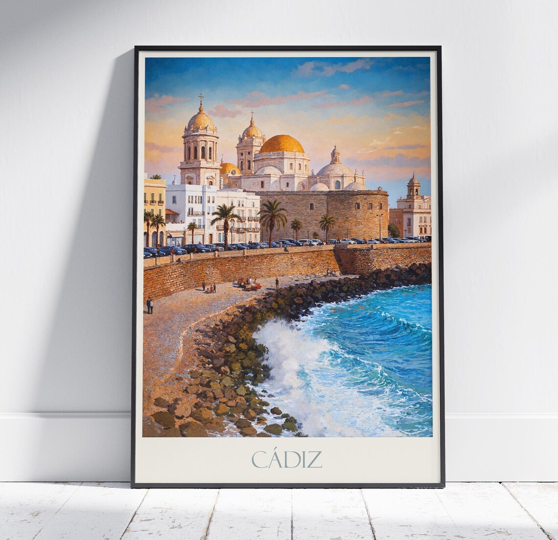 Cadiz Spain Seaside Cathedral Golden Domes Sunset Travel Poster