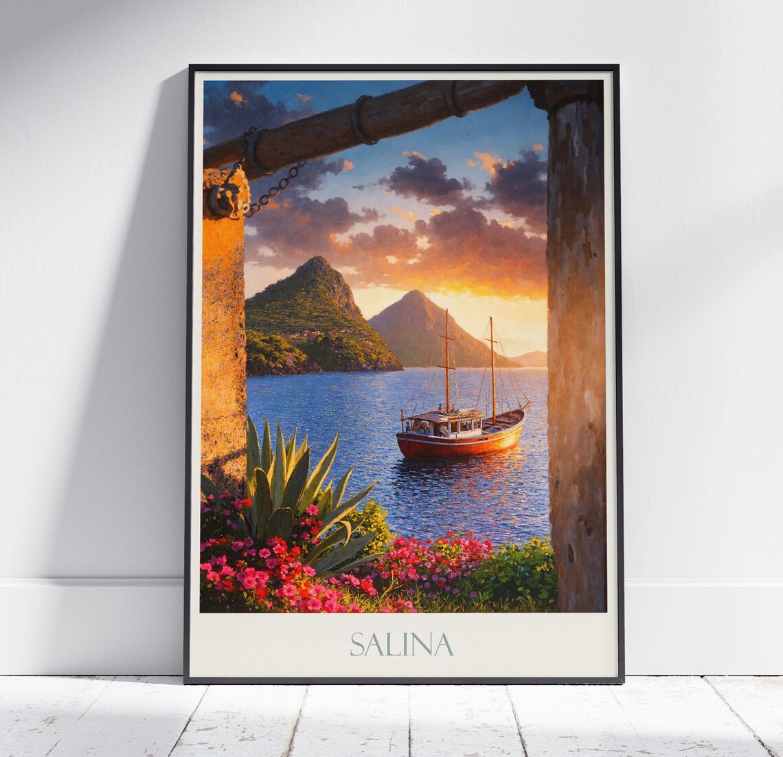Salina Italy Aeolian Islands Sunset Harbor Painted Art Poster