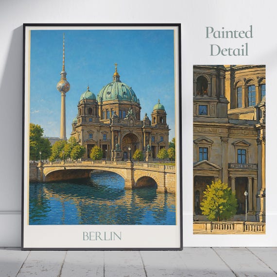 Berlin Travel Poster Berliner Dom Fernsehturm Germany City Art Print Vintage Painted Wall Decor Personalized Framed Gift