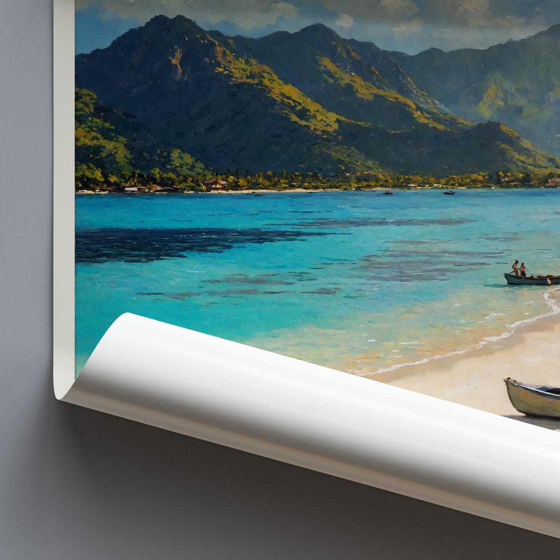 Fiji South Pacific Palm Beach and Canoe Painted Travel Poster - Image 3