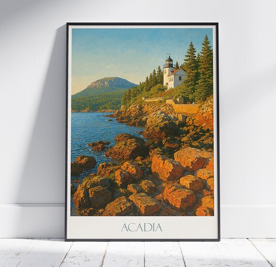 Acadia Maine Lighthouse Rocky Shore Golden Light Travel Poster