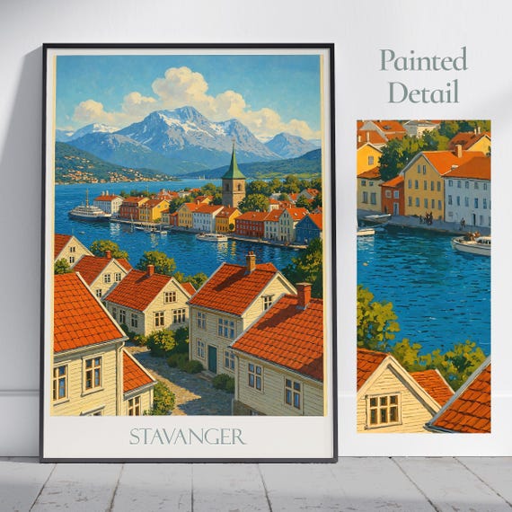 Stavanger Travel Poster Norway Cityscape Wall Art Print Painted Fjord Landscape Home Decor Scandinavian Vacation Gift