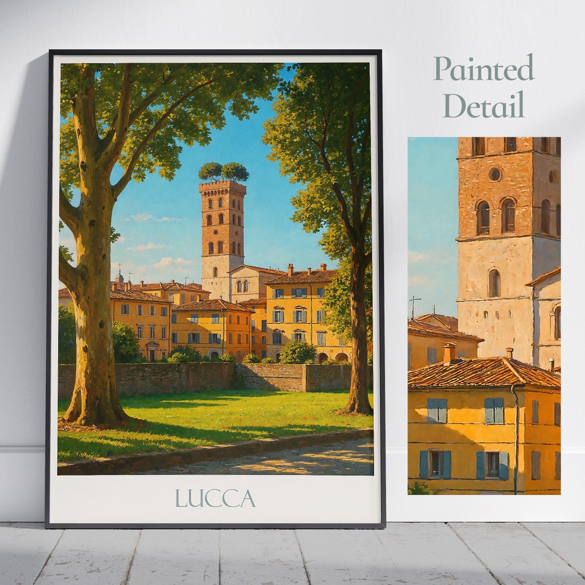 Lucca Italy Torre Guinigi Painted View Tuscany Travel Poster