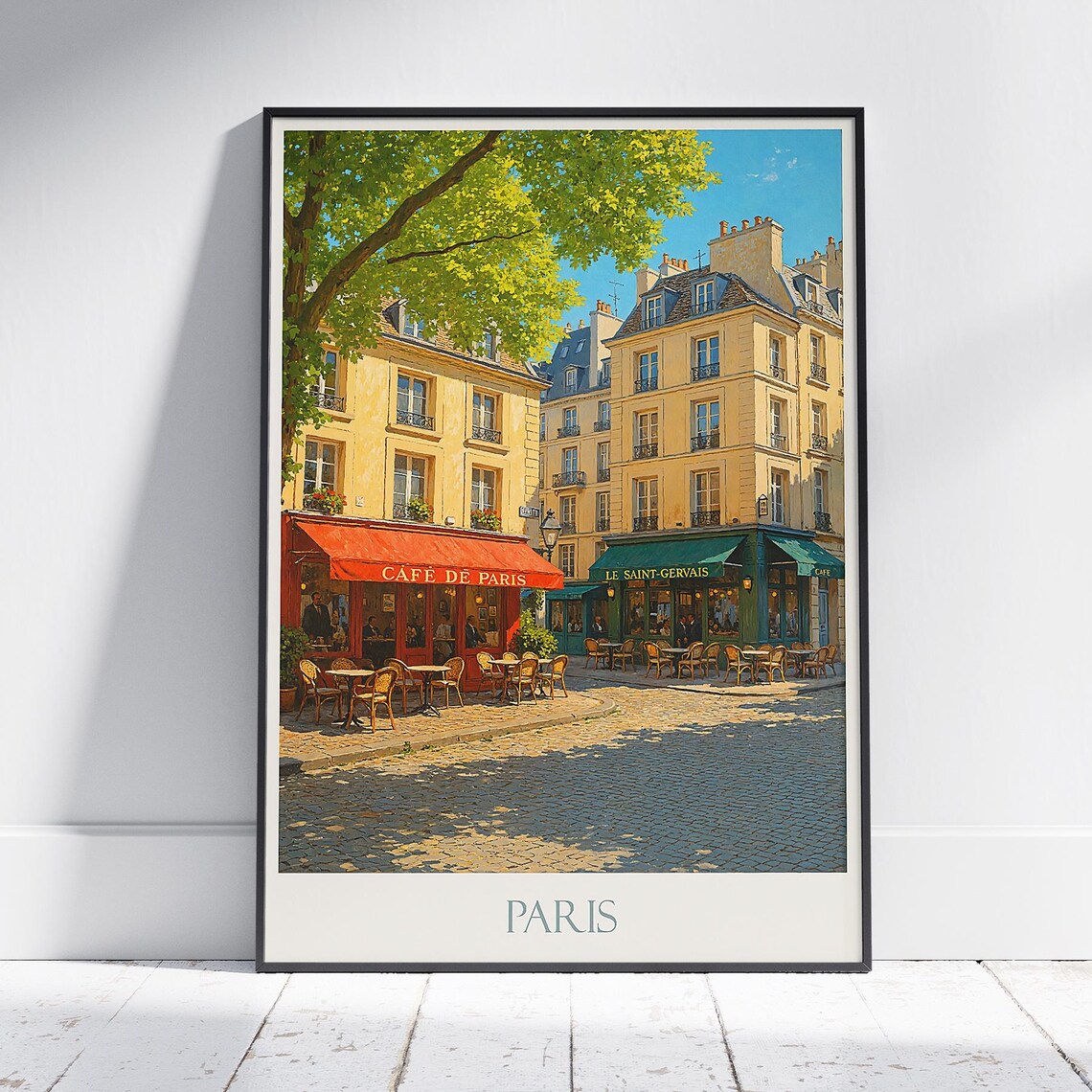Paris France Le Marais Cafe Terrace Cobblestone Street Poster