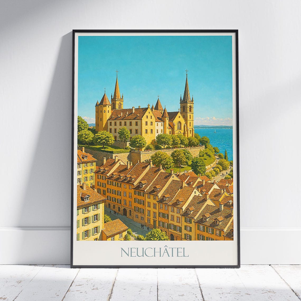 Neuchâtel Switzerland Castle On The Lake Vintage Travel Poster