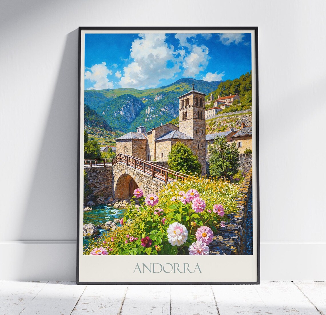 Andorra Stone Church Bridge Wildflowers Mountain Village Travel Poster