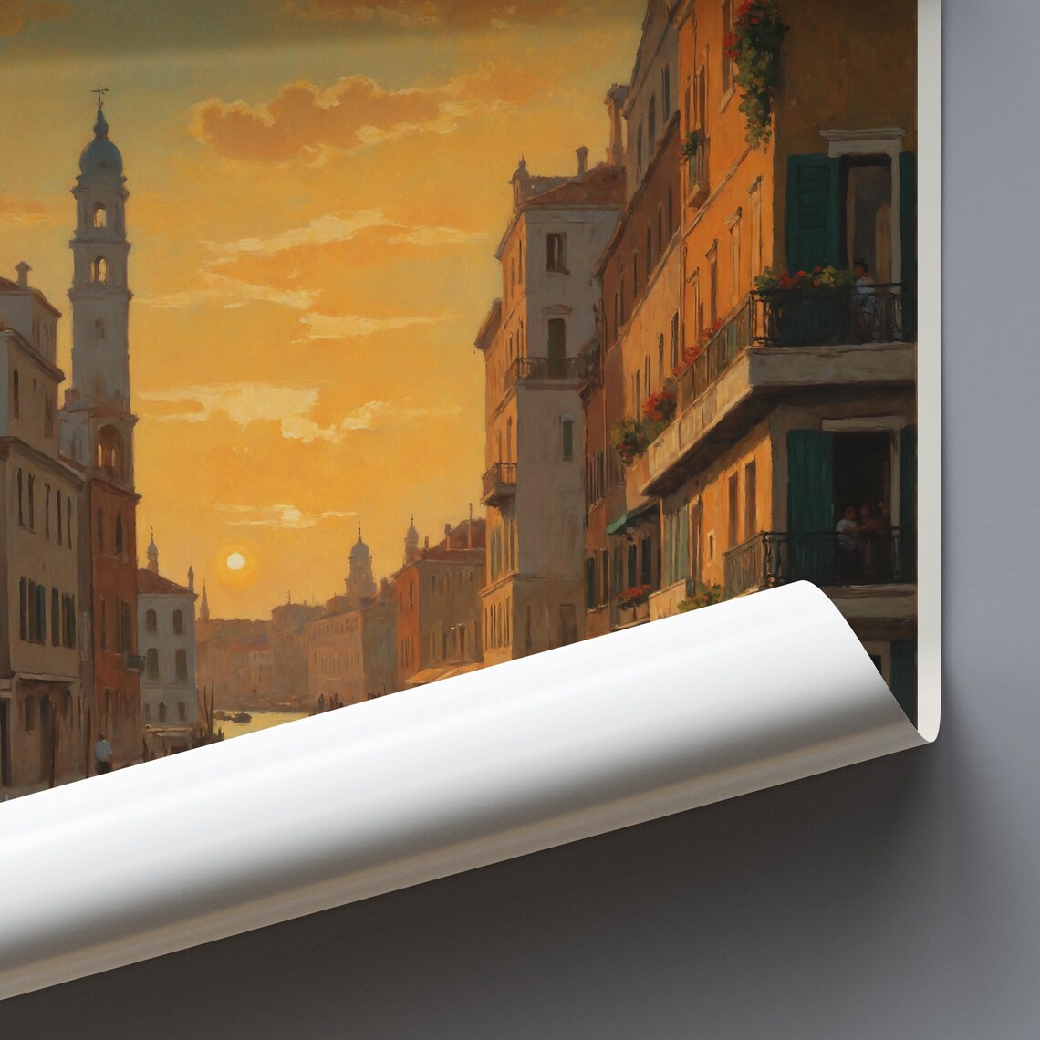 Venezia Italy Canal Painted Travel Poster Gondolas Sunset Golden Hour - Image 3