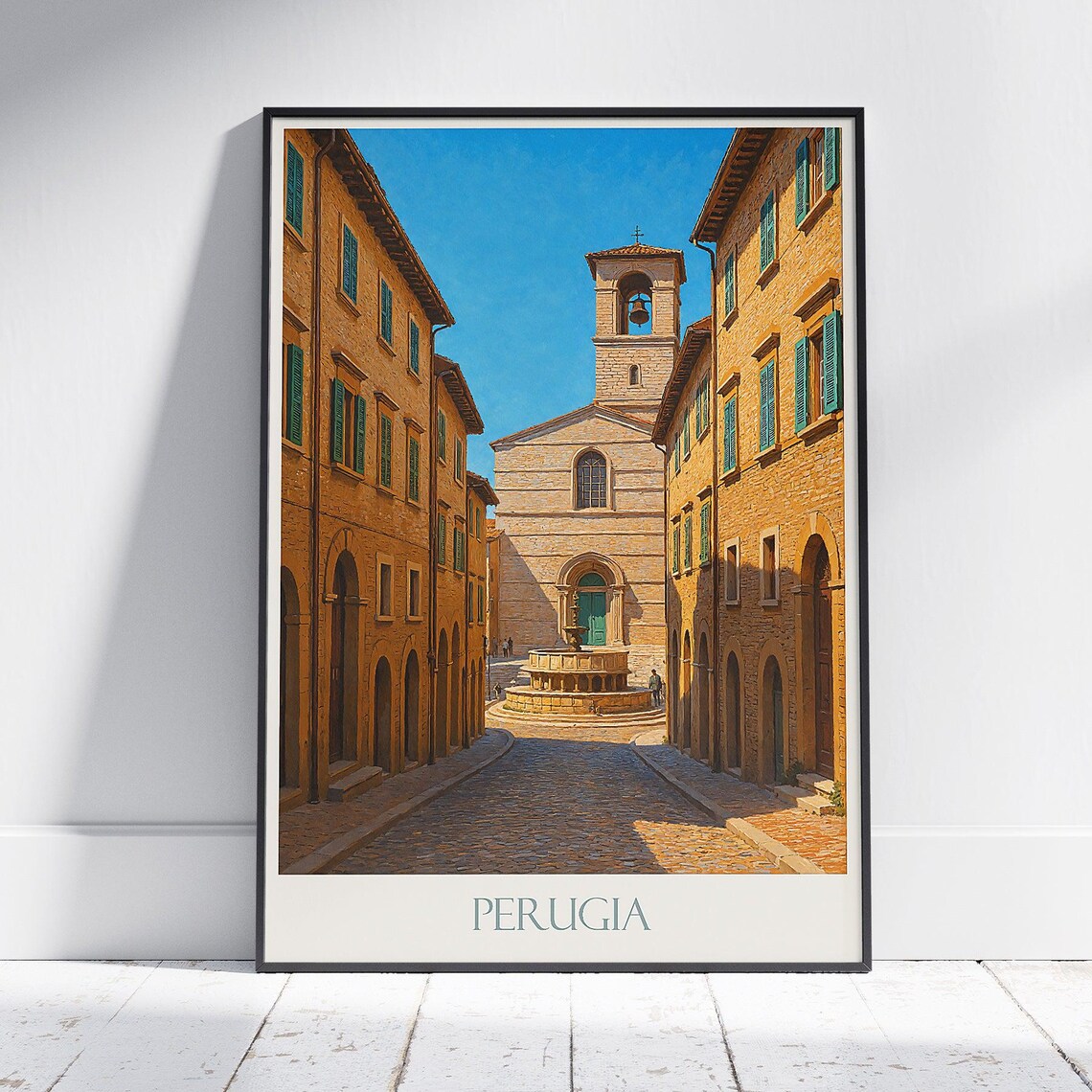 Perugia Italy Medieval Old Town Travel Poster with Church Square