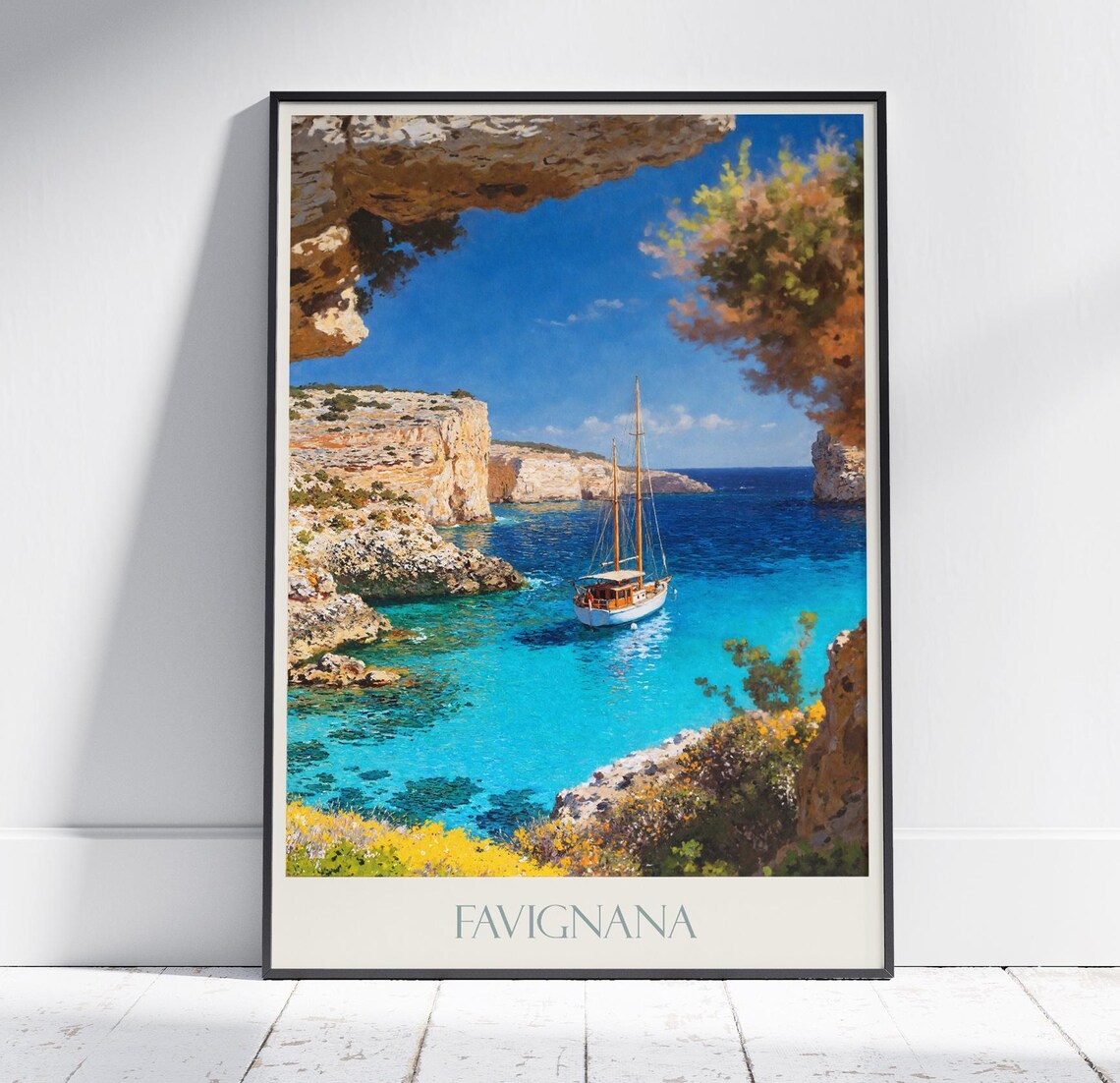 Favignana Italy Sailboat Travel Poster Rocky Arch Turquoise Sea View
