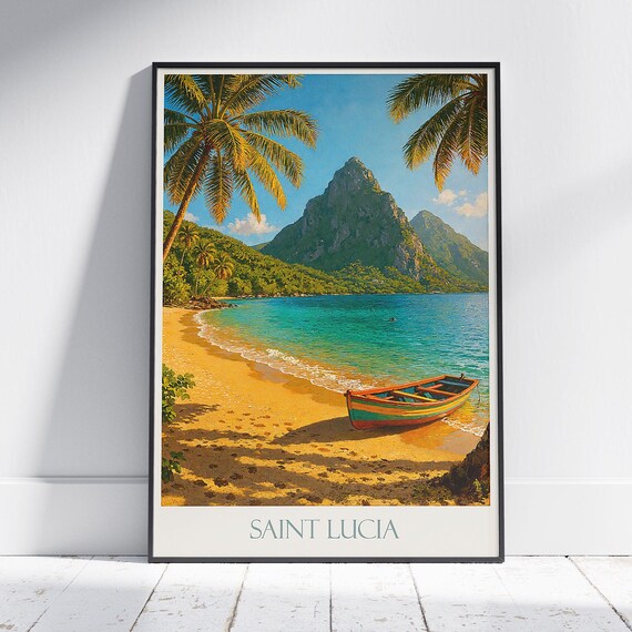 Saint Lucia Travel Poster The Pitons Beach Vintage Caribbean Wall Art Tropical Island Home Decor Unique Vacation Gift