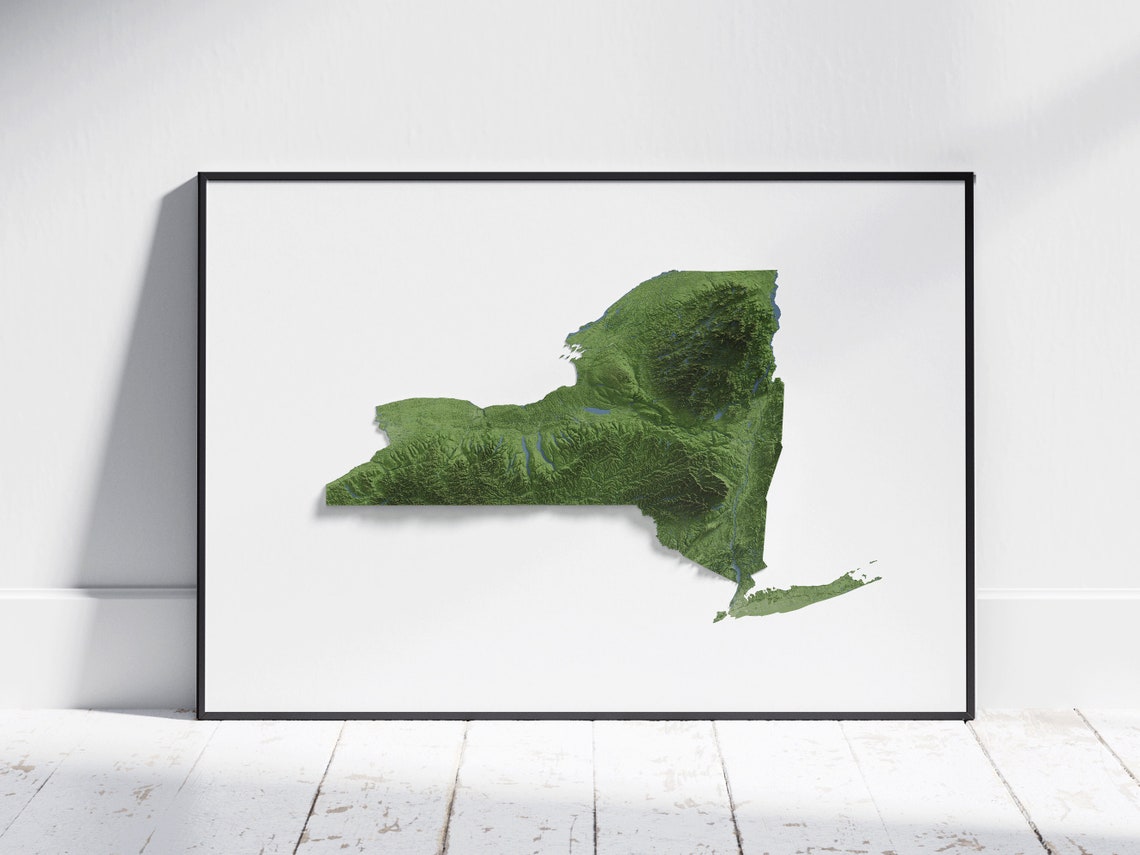 New York State Aerial Green 3D Topographic Terrain Map Poster