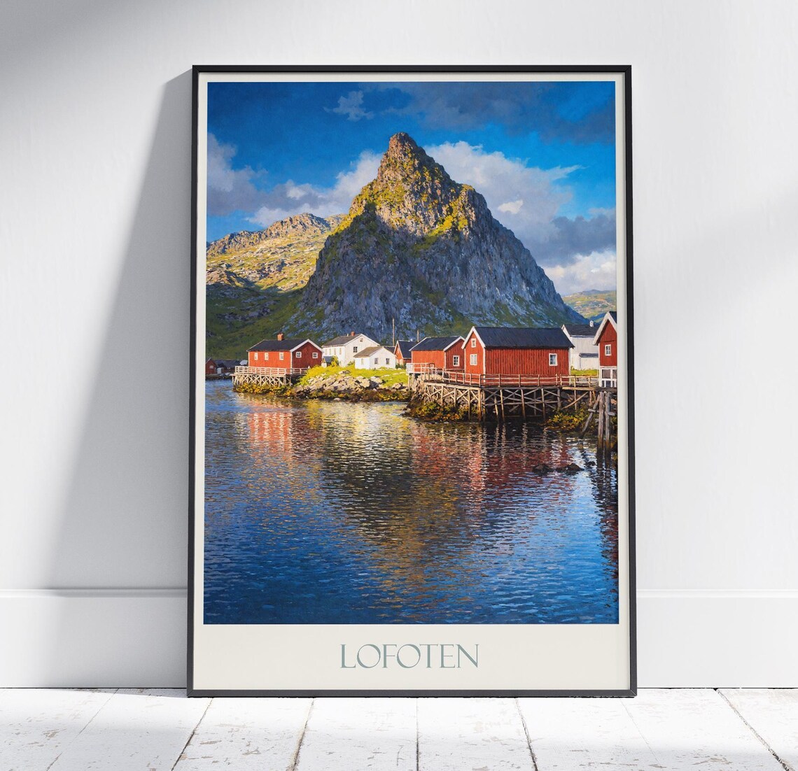 Lofoten Norway Red Cabins Fjord Reflection Mountain Travel Poster
