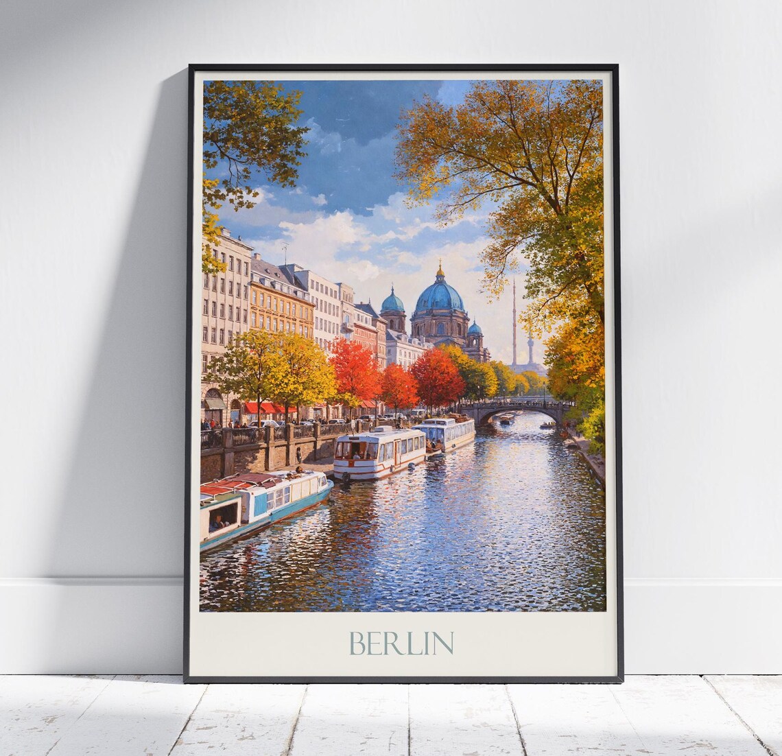Berlin Canal Boats Cathedral Dome Autumn Colors Travel Poster