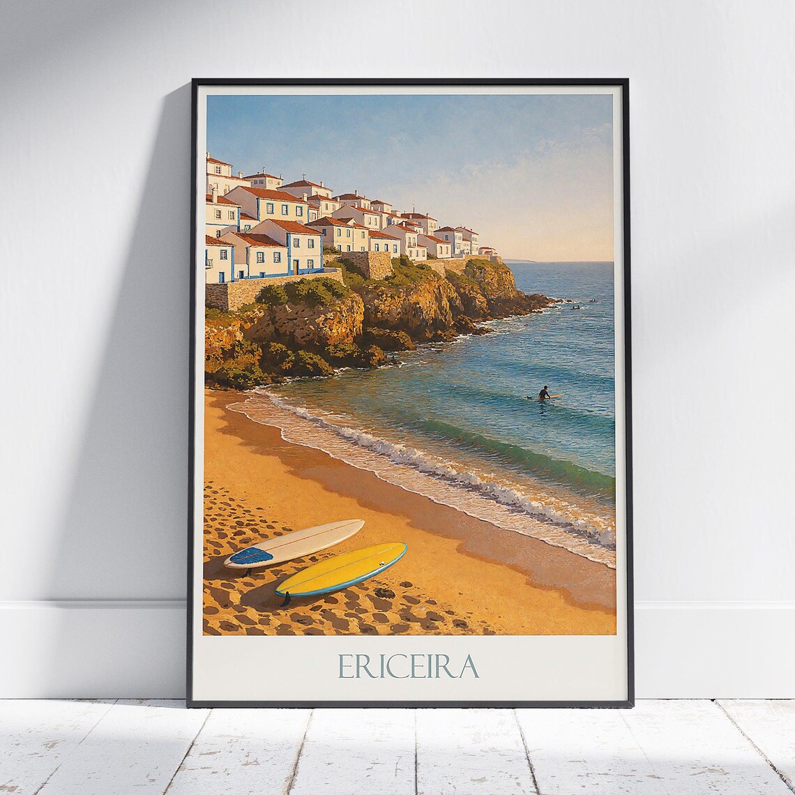Ericeira Portugal Travel Poster Surf Beach Cliffside Village Scene