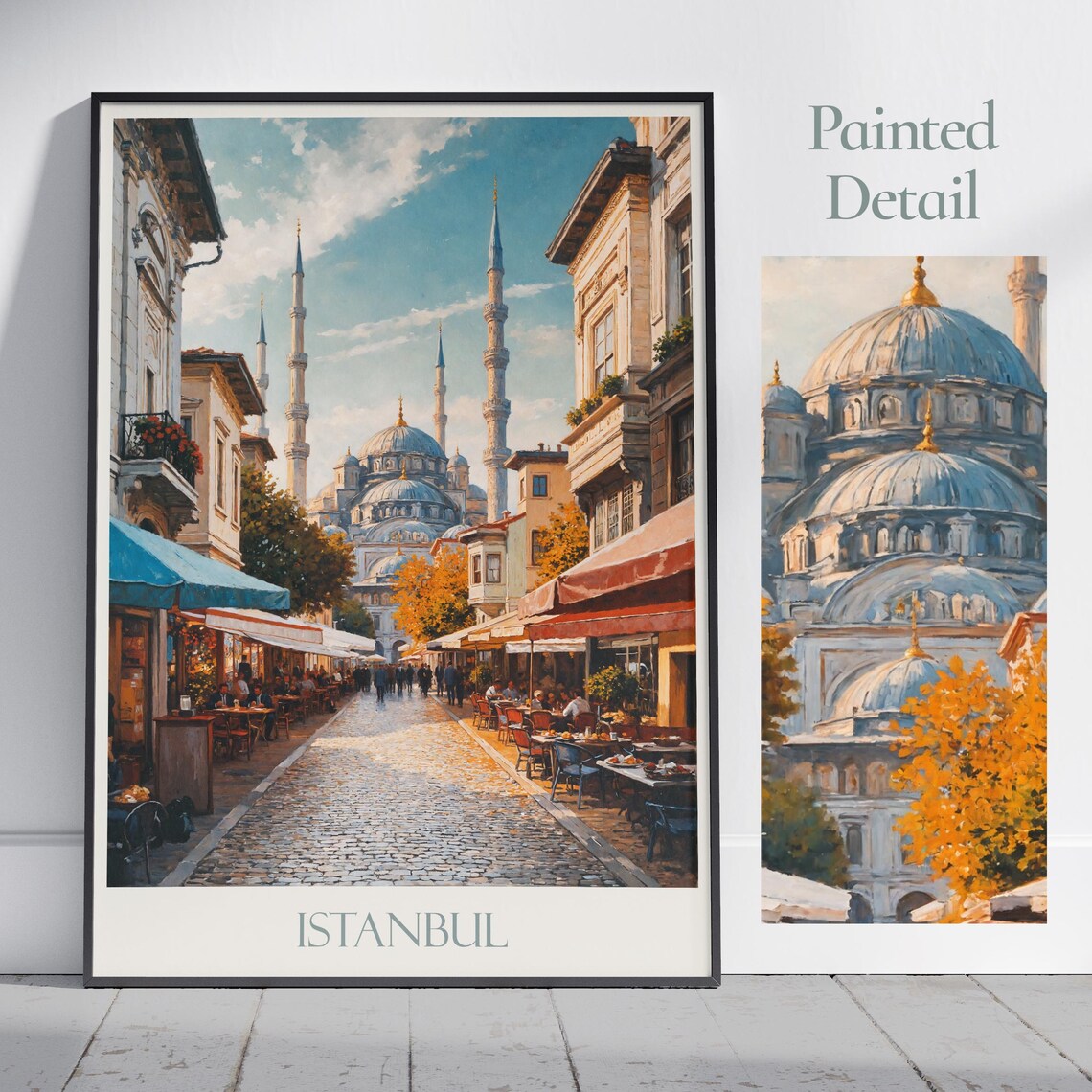 Istanbul Blue Mosque Old Street Cafes Painted Turkey Travel Poster