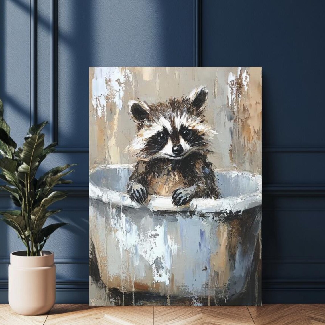 Cute Baby Raccoon In Tub Impasto Painting Whimsical Animal Poster