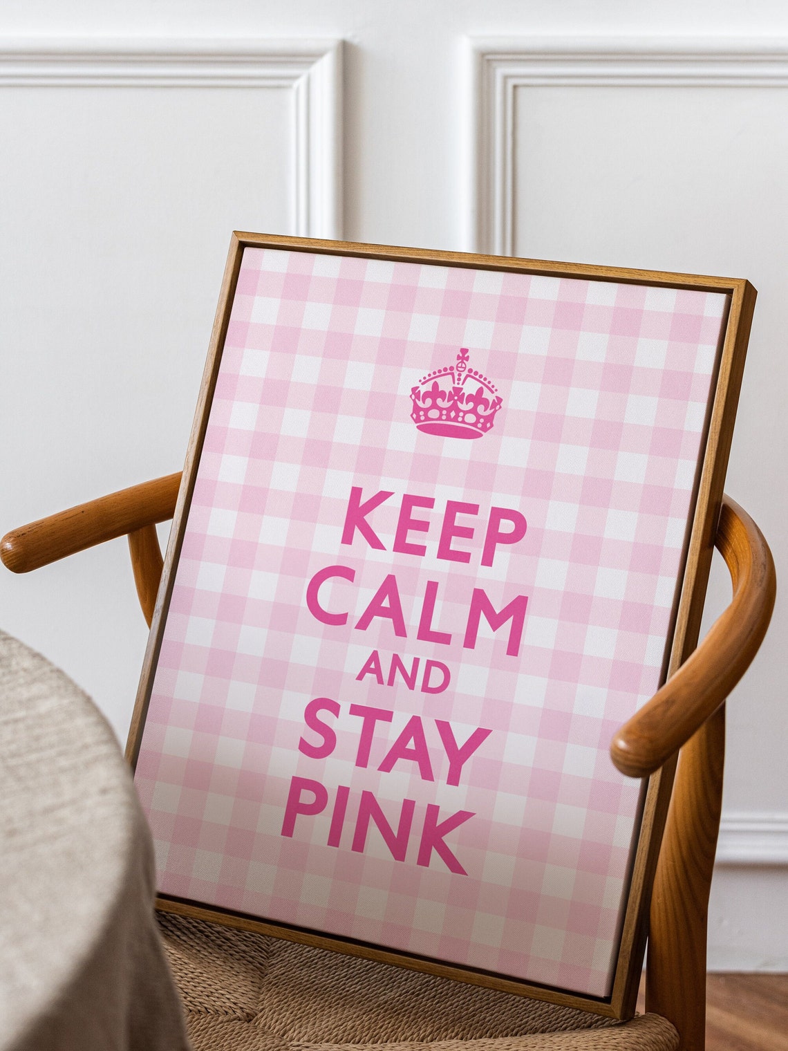 Keep Calm and Stay Pink Gingham Check Quote Poster With Crown - Image 2