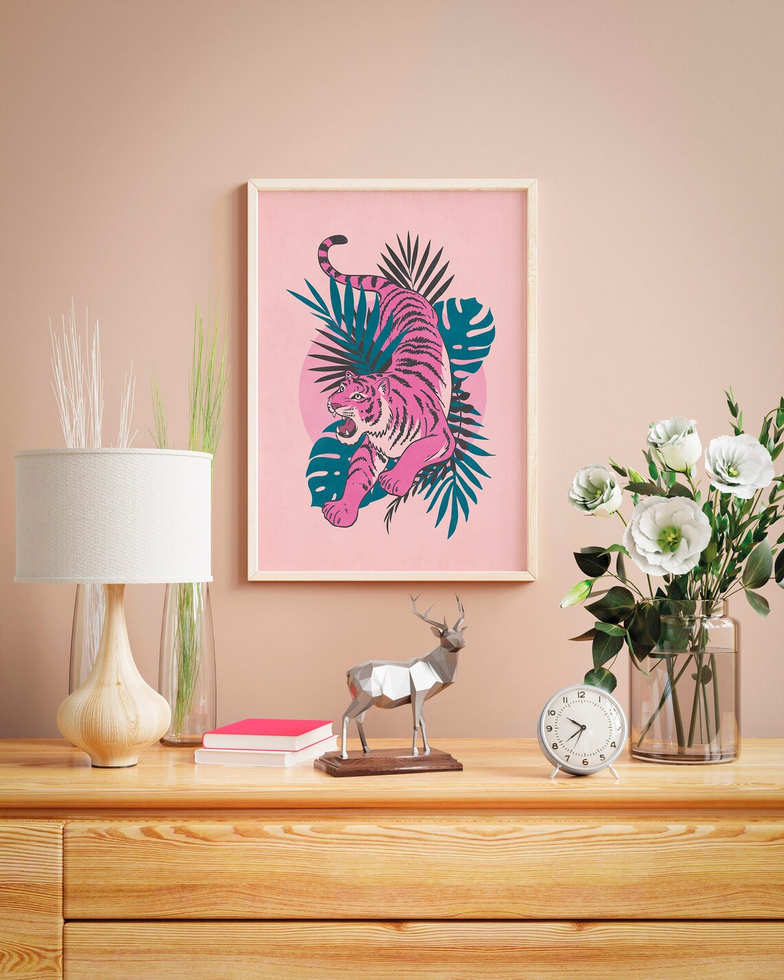 Pink Tiger Tropical Wall Art Print, Palm Leaves - Image 2